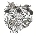 "Sparkle Sisters" witchy themes  tattoo design idea