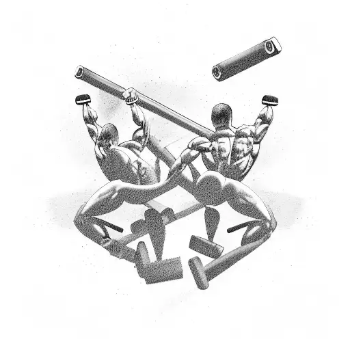 An abstract design incorporating gym equipment like dumbbells and barbells, intertwined with muscular male figures in a dynamic pose tattoo design idea