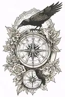 sand clock compass raven forest tattoo design idea