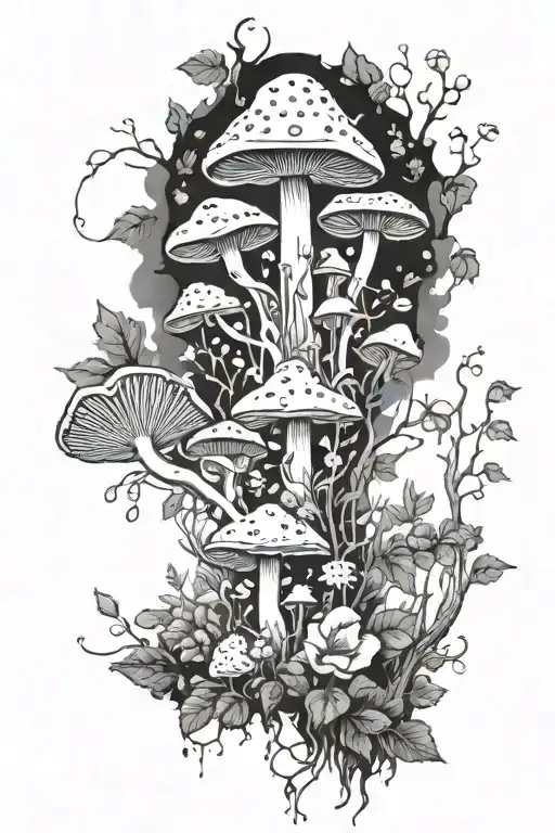 A mystical forest scene with a variety of mushrooms and herbs intertwined with flowers and vines tattoo design idea