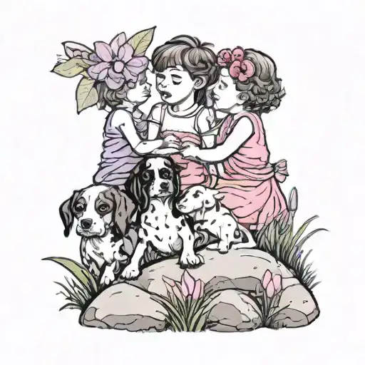 A whimsical scene of 3 kids playing with 2 dogs in a field of pink cosmos, purple iris, and pink gladiolus surrounded by various rocks collected from rock hounding adventures tattoo design idea