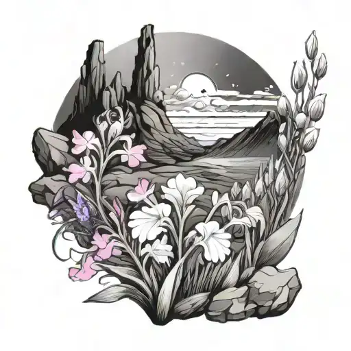 A celestial scene of pink cosmos, purple iris, and pink gladiolus flowers blooming on a rocky landscape, with dog paw prints marking the path tattoo design idea