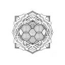A shoulder piece featuring a symmetrical arrangement of hexagonal honeycomb cells, with each cell containing a different symbol representing the client's interests and hobbies. tattoo design idea