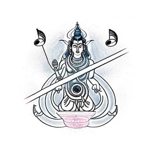 A music note merging with a finance graph, surrounded by Lord Shiva and gym equipment tattoo design idea