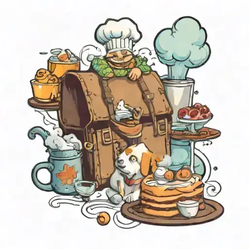 A tattoo of a whimsical baking scene with a dog as the chef, incorporating travel elements like a suitcase and passport tattoo design idea