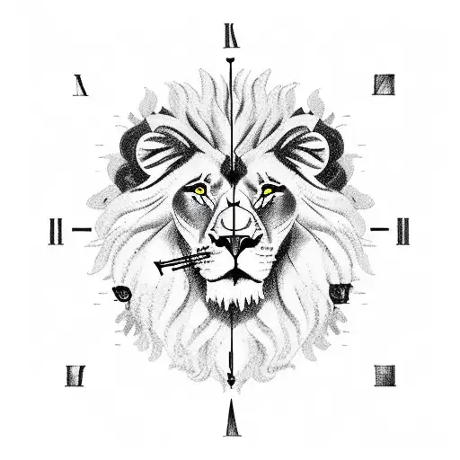 lion with broken clock on its eye with crown on its head tattoo design idea