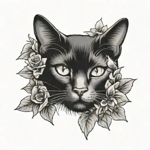 black cat with flowers growing tattoo design idea