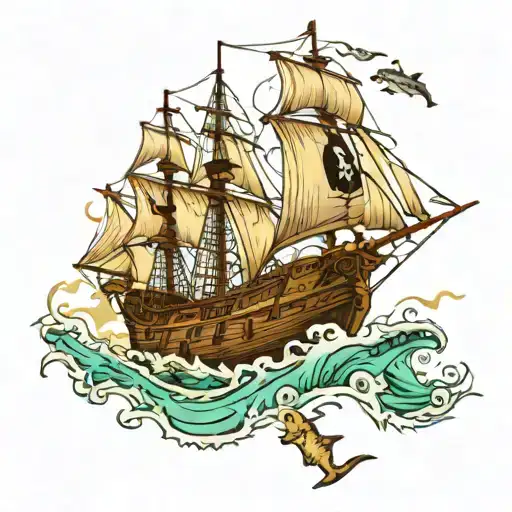 a pirate ship in the caribean sea, a shark swimming in the sea below the ship, a spider stepping over the ship tattoo design idea
