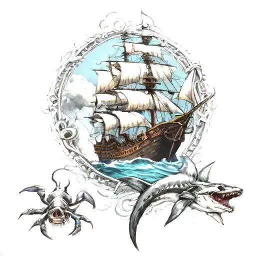 a pirate ship in the caribean sea, a shark swimming in the sea below the ship, a spider stepping over the ship tattoo design idea