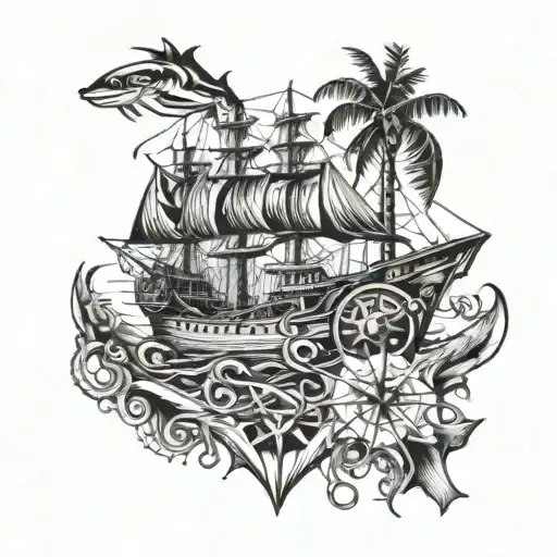 a pirate ship in the caribean sea, a shark swimming in the sea below the ship, a spider stepping over the ship tattoo design idea