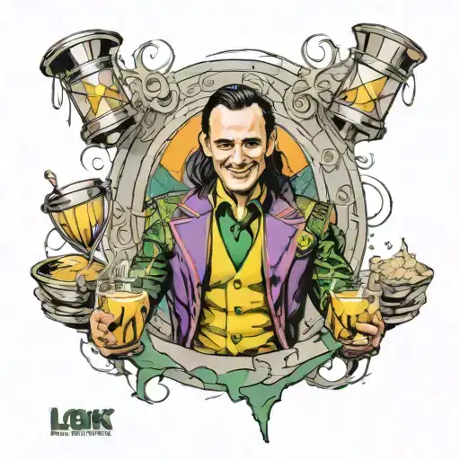 Loki Marvel laughing with breaking hourglass tattoo design idea