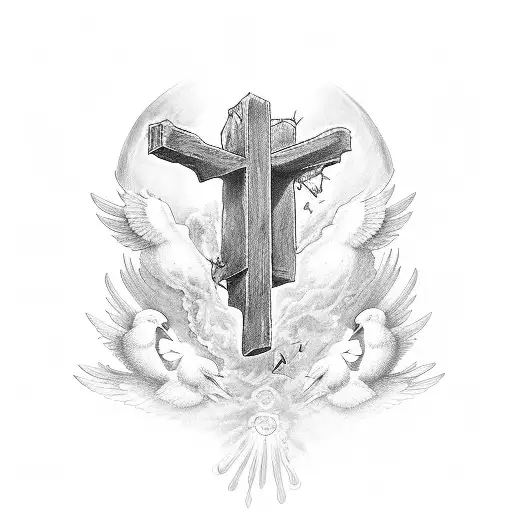 Cross with doves  surrounding it and the bible verse Isiah 41:10 underneath tattoo design idea