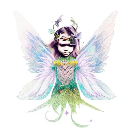 fairy with big wings in forest tattoo design idea