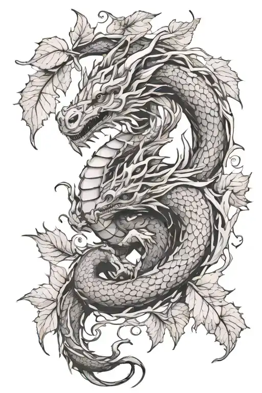 mythical dragon with autumn leaves intertwined tattoo design idea
