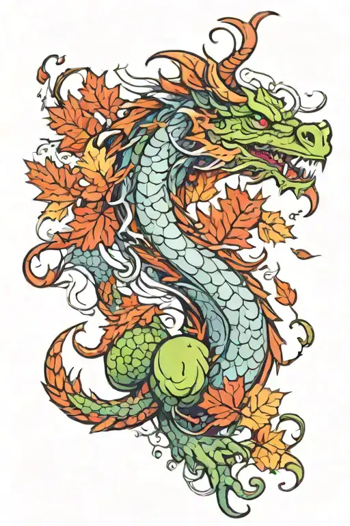 mythical dragon with autumn leaves intertwined tattoo design idea