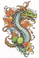 mythical dragon with autumn leaves intertwined tattoo design idea