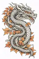 mythical dragon with autumn leaves intertwined tattoo design idea