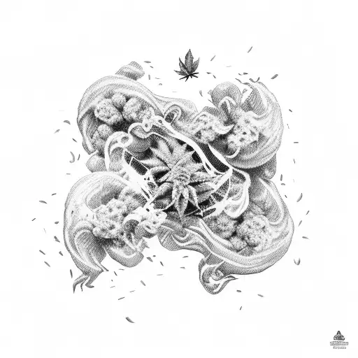 A smoke-filled room with various weed-related objects floating in the air tattoo design idea