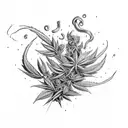 A smoke-filled room with various weed-related objects floating in the air tattoo design idea