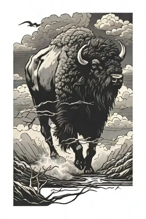 a buffalo with its horns down running into a storm  tattoo design idea