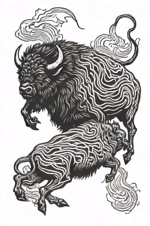 Buffalo running towards lightning storm  tattoo design idea