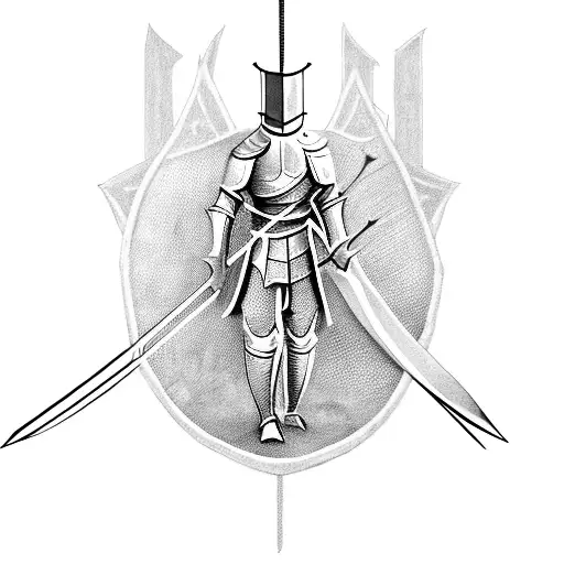 A knight with a lot of arrows, knives, and other weapons in him. He stands their stoic like. tattoo design idea