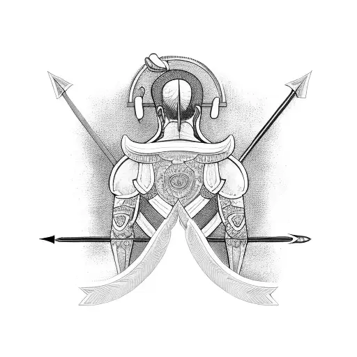 A stoic man with knives and arrows all in his back tattoo design idea