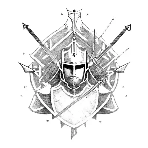 A knight with a lot of arrows, knives, and other weapons in him. He stands their stoic like. tattoo design idea