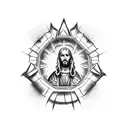 Jesus empty tomb below the sword on the inside of my arm with a man in a robe standing infront of it looking into it tattoo design idea