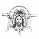 Jesus empty tomb below the sword on the inside of my arm with a man in a robe standing infront of it looking into it tattoo design idea