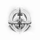 Jesus empty tomb below the sword on the inside of my arm with a man in a robe standing infront of it looking into it tattoo design idea