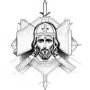 Jesus empty tomb below the sword on the inside of my arm with a man in a robe standing infront of it looking into it tattoo design idea