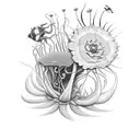 venus flytrap with flowers and flies tattoo design idea