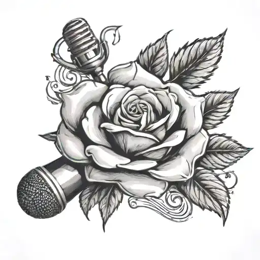 A black and grey tattoo of a rose intertwined with a microphone and musical notes, with a subtle weed leaf hidden in the design tattoo design idea