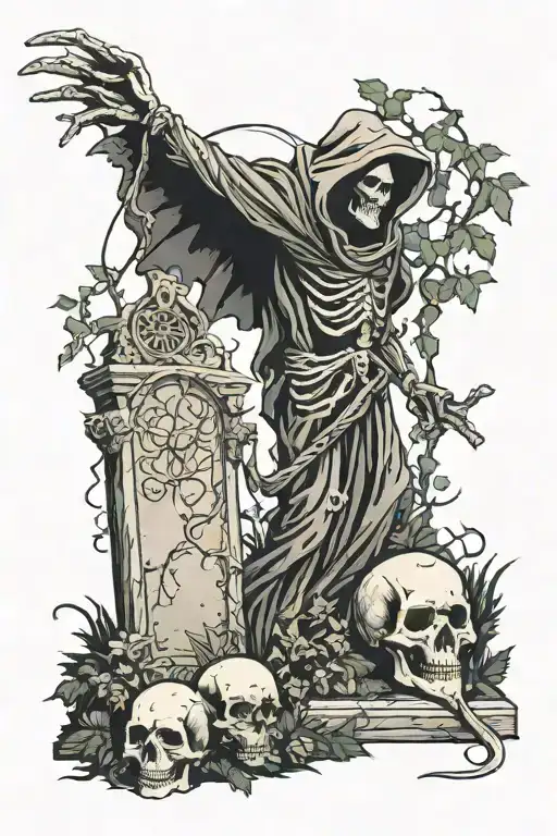 reaper in a grave yard against angles with a big treee in the garden of eve tattoo design idea
