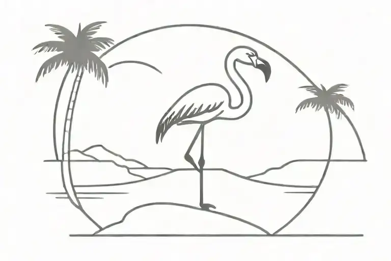 ankle tattoo of flamingo on beach shore with a palm tree and sun in background tattoo design idea
