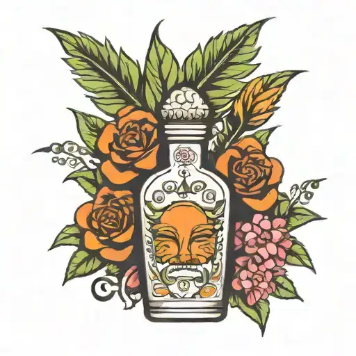 tequila bottle flower pot with flowers fine line  tattoo design idea