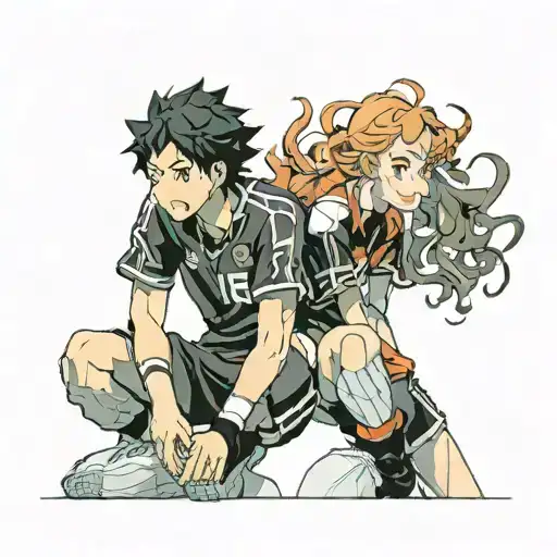 black curly hair boy next to short red haired girl haikyu tattoo design idea