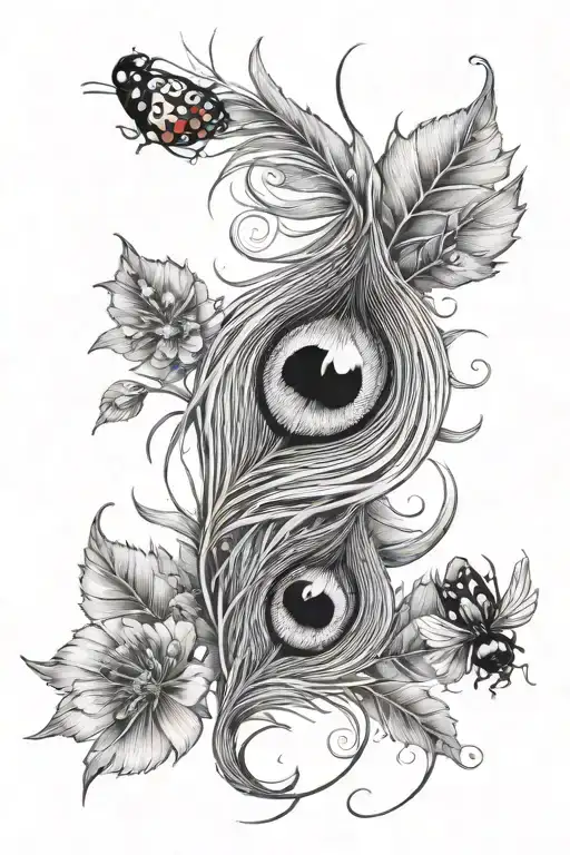 nature scene with peacock feather intertwined and 2 lady bugs tattoo design idea