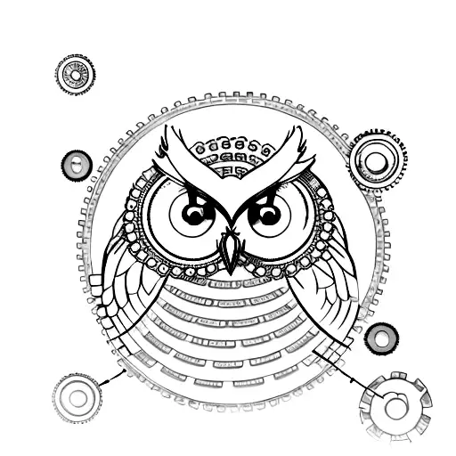 A minimalist tattoo of an owl with gears and cogs inside its body, symbolizing the balance between nature and technology. tattoo design idea