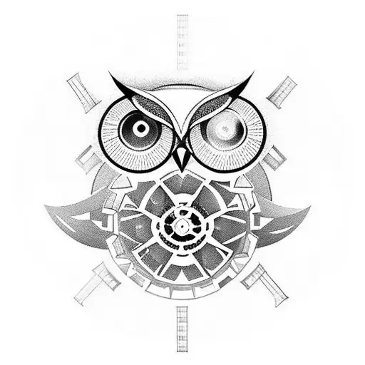 A minimalist tattoo of an owl with gears and cogs inside its body, symbolizing the balance between nature and technology. tattoo design idea