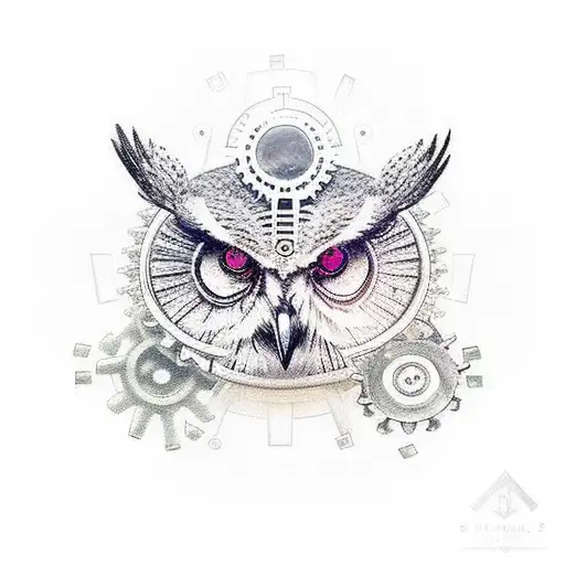 A minimalist tattoo of an owl with gears and cogs inside its body, symbolizing the balance between nature and technology. tattoo design idea
