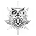 A minimalist tattoo of an owl with gears and cogs inside its body, symbolizing the balance between nature and technology. tattoo design idea
