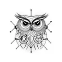 A minimalist tattoo of an owl with gears and cogs inside its body, symbolizing the balance between nature and technology. tattoo design idea
