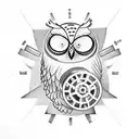 A minimalist tattoo of an owl with gears and cogs inside its body, symbolizing the balance between nature and technology. tattoo design idea