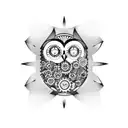 A minimalist tattoo of an owl with gears and cogs inside its body, symbolizing the balance between nature and technology. tattoo design idea