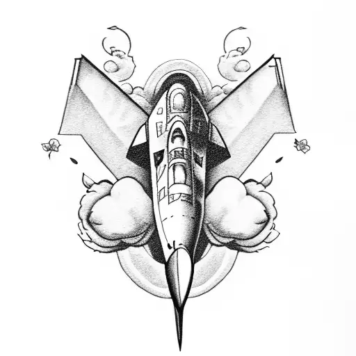 fighter jet in clouds with roses tattoo design idea