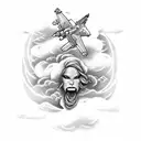 fighter jet in clouds with roses tattoo design idea