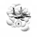 fighter jet in clouds with roses tattoo design idea