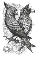 a crow and a cat with a sun a moon tattoo design idea